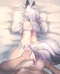  1girl all_fours animal_ears anus ass bangs bed_sheet bee_(deadflow) blush censored closed_mouth clothed_female_nude_male clothing_aside condom dark_skin dark_skinned_male doggystyle elbow_gloves fox_ears fox_tail gloves hand_on_another's_ass hetero highres leotard leotard_aside long_hair looking_at_viewer mosaic_censoring nude on_bed original pillow pillow_grab sex solo_focus spread_anus sweat tail used_condom vaginal wavy_hair white_gloves white_hair white_leotard 