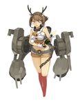  adapted_costume animal_costume bangs bell bottle breasts brown_hair brown_shorts chain collar cosmic_(crownclowncosmic) fake_antlers full_body fur_trim gloves green_eyes highres holding holding_bottle kantai_collection kneehighs looking_at_viewer medium_breasts metal_belt midriff mutsu_(kantai_collection) navel official_style one_eye_closed parody red_legwear reindeer_costume rigging shizuma_yoshinori_(style) short_hair short_shorts shorts simple_background smokestack solo style_parody turret white_background white_gloves 