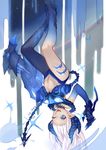  1girl 903506307 :d ;d absurdres blue_eyes claw_(weapon) claws diabla_(elsword) elsword highres horns legs long_hair looking_at_viewer luciela_r._sourcream navel one_eye_closed open_mouth pointy_ears revealing_clothes smile solo symbol-shaped_pupils tail upside-down weapon white_hair 