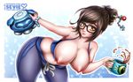  1girl areolae artist_name black-framed_glasses breasts brown_hair cup gradient_background hair_bun hair_ornament hairpin hanging_breasts large_breasts lips looking_at_viewer mei_(overwatch) navel nipples overwatch sevie web_address yellow_eyes 