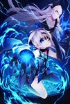  bare_shoulders blue_eyes choker claw_(weapon) covering_one_eye diabla_(elsword) dress dual_persona elsword energy energy_ball hand_on_own_face highres horns long_hair looking_at_viewer luciela_r._sourcream magic_circle multiple_girls open_mouth pointy_ears sitting smile symbol-shaped_pupils very_long_hair wariza weapon white_hair zya_zya 
