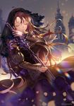  bad_id bad_pixiv_id black_dress blurry blurry_background brown_hair closed_eyes crying detached_sleeves dress facing_viewer fantasy highres holding holding_sword holding_weapon lens_flare long_hair original puffy_sleeves shenteita solo standing sword twitter_username veil very_long_hair weapon 