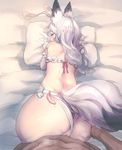  1girl all_fours animal_ears ass bangs bed_sheet bee_(deadflow) blush censored clothed_female_nude_male clothing_aside condom dark_skin dark_skinned_male doggystyle elbow_gloves fox_ears fox_tail gloves hetero highres leotard leotard_aside long_hair looking_at_viewer mosaic_censoring nude on_bed open_mouth original pillow pillow_grab sex solo_focus sweat tail used_condom vaginal wavy_hair white_gloves white_hair white_leotard 