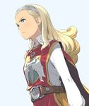  :| anlucea aqua_background belt blonde_hair closed_mouth commentary_request dragon_quest dragon_quest_x enami_katsumi green_eyes hairband insignia light_blush long_hair long_sleeves mole mole_under_mouth serious shirt simple_background solo standing tabard upper_body v-shaped_eyebrows white_shirt 
