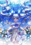  ahoge air_bubble blue_eyes blue_hair blue_ribbon bubble cowboy_shot dress eyebrows_visible_through_hair floating_hair hair_ribbon hatsune_miku highres long_hair looking_at_viewer ribbon short_dress short_sleeves solo standing submerged sundress twintails underwater very_long_hair vocaloid white_dress zenyu 