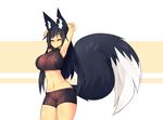  animal_ear_fluff animal_ears armpits arms_behind_head arms_up bike_shorts black_hair breasts closed_eyes cowboy_shot fox_ears fox_tail hair_ornament hairclip halter_top halterneck highres huge_breasts kiri_(sub-res) long_hair navel notched_ear original simple_background smile solo stomach stretch sub-res tail 