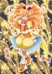  animal_ears ankle_boots bangs bear_ears blouse blue_eyes boots brooch cure_mofurun elbow_gloves eyebrows_visible_through_hair full_body gloves hat highres jewelry long_hair looking_at_viewer mahou_girls_precure! mini_hat mini_witch_hat mofurun_(mahou_girls_precure!) nakahira_guy one_eye_closed open_mouth orange_blouse orange_footwear orange_hair overskirt personification precure smile solo standing star star_in_eye starry_background symbol_in_eye white_gloves witch_hat yellow_bloomers yellow_hat 