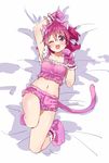  ;d aida_mana animal_ears blush cat_ears cat_tail commentary dokidoki!_precure garters gloves kurokawa_makoto midriff navel one_eye_closed open_mouth paw_pose pink_camisole pink_eyes pink_gloves pink_hair pink_shorts ponytail precure shorts smile solo tail 