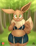  2017 anthro anthrofied belly breasts brown_fur clothed clothing eevee female fur green_eyes looking_at_viewer midriff navel nekocrispy nintendo open_mouth overweight overweight_female patreon pok&eacute;mon pok&eacute;morph solo thick_thighs video_games 