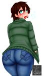  1girl ass blush breasts denim from_behind green_eyes huge_ass jacket jeans looking_at_viewer looking_back milf open_mouth original pants pantylines red_hair sasori-sanin shiny shiny_hair short_hair sideboob smile solo 