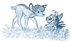  2007 alien all_fours antennae back_markings back_spines bambi bambi_(film) blue_and_white cervine crossover deer disney duo experiment_(species) feral flower fur geekyreverie grass head_tuft leaf lilo_and_stitch mammal markings monochrome notched_ear plant simple_background sketch spots spotted_fur stare stitch traditional_media_(artwork) tuft white_background 