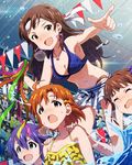  :d :o ahoge beamed_eighth_notes bikini blue_eyes blue_hair blush breasts brown_hair cleavage earrings idolmaster idolmaster_million_live! jewelry kibasen kitazawa_shiho looking_at_viewer medium_breasts mochizuki_anna multiple_girls musical_note necklace official_art open_mouth pink_earrings pointing skirt smile splashing star star_earrings swimsuit water_drop wavy_mouth yabuki_kana yokoyama_nao 