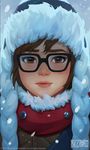  black-framed_eyewear brown_eyes brown_hair face glasses highres jungah_lee lips md5_mismatch mei_(overwatch) official_art overwatch parody snowing solo the_martian upper_body 