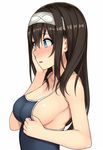  blue_eyes blush breasts brown_hair cleavage competition_school_swimsuit from_side hair_between_eyes hairband hand_on_own_cheek hiiragi_hajime idolmaster idolmaster_cinderella_girls large_breasts long_hair nose_blush one-piece_swimsuit sagisawa_fumika sideboob sidelocks simple_background solo swimsuit upper_body white_background 