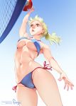  arm_up armpits artist_name ass_visible_through_thighs ball bare_arms bare_shoulders beach_volleyball bikini blonde_hair blue_sky blush body_blush breasts cameltoe clara_(feguimel) commentary day english_commentary feguimel from_below groin large_breasts lips long_hair navel net original outdoors parted_lips pink_lips ponytail red_eyes round_teeth side-tie_bikini skindentation sky solo stomach sweat swimsuit teeth thighs twitter_username underboob volleyball volleyball_net watermark web_address 