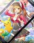  :d adjusting_clothes adjusting_hat backpack bag black_legwear black_neckwear black_skirt blush breasts brown_hair butterfree cellphone day female_protagonist_(pokemon_go) gen_1_pokemon hat jigglypuff jumping long_hair looking_at_viewer medium_breasts oddish open_mouth outdoors phone pikachu pokemon pokemon_(creature) pokemon_(game) pokemon_go ponytail psyduck skirt smartphone smile standing sunlight tanzzi thighhighs 
