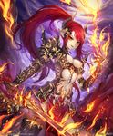  armor artist_name black_legwear breasts cleavage demon_horns fire flame hair_ornament holding holding_sword holding_weapon horns long_hair medium_breasts midriff moon night night_sky original outdoors ponytail red_hair shoulder_armor sky standing sword tanzzi watermark weapon web_address yellow_eyes 