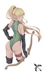  absurdres archer_(dragon_nest) arm_at_side ass black_gloves blonde_hair blue_eyes bow_(weapon) breasts closed_mouth cropped_legs dragon_nest elf eyebrows_visible_through_hair from_behind gloves green_leotard hand_on_hip high_ponytail highres leotard light_smile long_hair long_pointy_ears medium_breasts partly_fingerless_gloves pointy_ears solo thigh_strap thighhighs very_long_hair weapon white_background yashi_kano_ko 