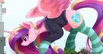  2017 absurd_res armor clothed clothing cutie_mark equine feathered_wings feathers female feral flurry_heart_(mlp) friendship_is_magic group hair helmet hi_res horn legwear long_hair macro mammal melee_weapon multicolored_hair my_little_pony ncmares outside polearm princess_cadance_(mlp) shining_armor_(mlp) spear striped_legwear stripes tree unicorn weapon winged_unicorn wings 