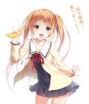  aho_girl banana blush breasts chinese_commentary cleavage commentary_request food fruit hanabatake_yoshiko long_hair long_sleeves medium_breasts open_mouth orange_eyes orange_hair partial_commentary school_uniform solo translation_request twintails xia_xiang_(ozicha) 