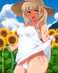  anime_coloring bare_shoulders bikini blonde_hair blue_sky breasts brown_eyes capitan_(tsyoujo) cleavage cloud collarbone covered_navel covered_nipples cowboy_shot day dress dress_lift flower hat highres hose long_hair looking_at_viewer medium_breasts open_mouth original outdoors side-tie_bikini skindentation sky sleeveless sleeveless_dress solo straw_hat sun_hat sundress sunflower swimsuit twintails white_dress 