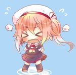  &gt;_&lt; beret black_serafuku black_skirt blue_background chibi closed_eyes fingerless_gloves full_body gloves harusame_(kantai_collection) hat kantai_collection kouu_hiyoyo lowres neckerchief open_mouth pink_hair red_neckwear sailor_collar school_uniform serafuku side_ponytail simple_background skirt solo standing wavy_mouth white_hat white_sailor_collar 