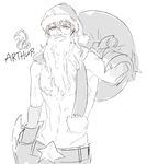  arthur_pendragon_(fate) artoria_pendragon_(all) belt carrying_over_shoulder fake_beard fake_facial_hair fate/grand_order fate/prototype fate_(series) genderswap genderswap_(ftm) greyscale hat male_focus monochrome pasties pvc_parfait sack santa_alter santa_hat scarf shirtless simple_background sketch solo star_pasties white_background yellow_eyes 