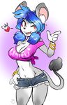  &lt;3 2017 alternate_species anthro big_breasts blue_hair bound bracelet breasts chinchilla chu_(duckdraw) cleavage clothed clothing cutoffs denim_shorts duckdraw fur gradient_background grey_fur hair inner_ear_fluff jewelry mammal midriff navel nipple_bulge off_shoulder one_eye_closed open_mouth pigtails rodent shirt shorts simple_background smile solo wide_hips wink 