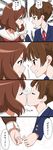  4koma angry blush brown_eyes brown_hair bubble_background clenched_teeth closed_eyes comic commentary_request company_connection crossover hibike!_euphonium highres insult k-on! kiss kyoto_animation mood_swing multiple_girls open_mouth oumae_kumiko pinky_swear pointing profile sakuragaoka_high_school_uniform school_uniform short_hair short_twintails suzuki_jun teeth translated tsukkun tsundere twintails yuri 
