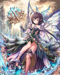  ahoge anklet barefoot black_neckwear brown_eyes brown_hair brown_sky cloud dress fairy_wings h2o_(dfo) holding holding_staff jewelry looking_at_viewer original outdoors pointy_ears side_cutout solo staff standing standing_on_one_leg tower wings 