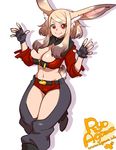  2017 5_fingers animal_humanoid belt big_breasts biped blonde_hair breasts brown_fur brown_hair chaps cleavage clothed clothing crop_top crotchless denim_shorts digital_drawing_(artwork) digital_media_(artwork) dipstick_ears female fingerless_gloves fluffy fluffy_tail footwear front_view fur gloves grey_bottomwear grey_clothing hair humanoid humanoid_hands inner_ear_fluff japanese lagomorph looking_at_viewer mammal midriff multicolored_hair navel on_one_leg portrait pose rabbit_humanoid raised_arm red_bottomwear red_clothing red_eyes red_topwear ryo_agawa shadow shirt shoes short_hair short_tail shorts simple_background slim small_waist smile solo standing three-quarter_portrait two_tone_hair url watermark white_background white_fur yellow_fur 