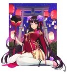  bad_id bad_pixiv_id bell black_hair breasts china_dress chinese_clothes cleavage dress flower hair_flower hair_ornament holding holding_weapon jingle_bell lantern large_breasts long_hair looking_at_viewer ma9 mace night night_sky original paper_lantern pink_footwear purple_eyes shoes sitting sky solo thick_thighs thighhighs thighs torii wariza watermark weapon web_address white_legwear 