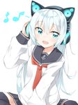  :d axent_wear black_legwear black_sailor_collar black_skirt blue_eyes cat_ear_headphones eighth_note hair_between_eyes headphones hibiki_(kantai_collection) kantai_collection long_hair long_sleeves looking_at_viewer musical_note neckerchief open_mouth pleated_skirt rateratte red_neckwear sailor_collar school_uniform serafuku silver_hair simple_background skirt smile solo thighhighs white_background 