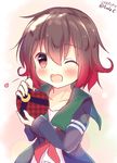  blue_jacket box brown_hair dated gradient_hair heart jacket kantai_collection kyado_(amaterasu) looking_at_viewer multicolored_hair mutsuki_(kantai_collection) neckerchief one_eye_closed open_mouth plaid_box red_hair red_neckwear remodel_(kantai_collection) school_uniform serafuku short_hair simple_background smile solo twitter_username upper_body white_background 
