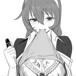  absurdres ashigara_(kantai_collection) blush breasts cleavage commentary gloves greyscale hair_between_eyes hairband highres jacket kantai_collection large_breasts long_hair looking_at_viewer looking_to_the_side marker monochrome mouth_hold open_clothes open_jacket remodel_(kantai_collection) shadow shirt_lift sidelocks solo tocky translated upper_body white_background 