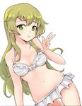  bikini bikini_skirt blonde_hair breasts bright_pupils carpaccio cleavage cowboy_shot dutch_angle frilled_bikini frills girls_und_panzer green_eyes head_tilt jorin long_hair looking_at_viewer medium_breasts navel parted_lips simple_background solo swimsuit w white_background white_bikini white_pupils 