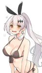  anger_vein bikini black_bikini blush breasts cleavage cowboy_shot crescent crescent_earrings detached_collar earrings five-seven_(girls_frontline) girls_frontline hair_ornament hair_ribbon jewelry jorin large_breasts leaning_forward long_hair looking_at_viewer multi-strapped_bikini navel open_mouth orange_eyes ponytail ribbon side-tie_bikini silver_hair simple_background single_earring solo strap_gap swimsuit very_long_hair white_background 