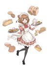  :d bangs beatrice_(princess_principal) black_footwear black_legwear blunt_bangs brown_hair cookie cup double_bun food full_body highres holding holding_tray juliet_sleeves long_sleeves looking_at_viewer maid makaria official_art open_mouth pantyhose princess_principal princess_principal_game_of_mission puffy_sleeves saucer shoes slice_of_pie smile solo standing teacup teapot transparent_background tray waffle 