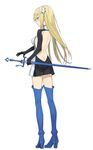  aiz_wallenstein backless_outfit bare_back blonde_hair blue_footwear blue_legwear boots butt_crack commentary_request dungeon_ni_deai_wo_motomeru_no_wa_machigatteiru_darou_ka from_behind full_body hayashi_kewi highres long_hair looking_at_viewer looking_back ready_to_draw solo standing sword thigh_boots thighhighs weapon yellow_eyes 