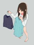  barefoot black_footwear blue_shirt bottomless brown_eyes brown_hair closed_mouth clothes_hanger commentary_request frown full_body holding_clothes holding_shirt long_hair long_sleeves nail_polish nakamura_hinata original pink_nails shirt shoes solo standing toenail_polish white_shirt 