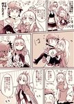  2girls =_= bare_shoulders bow cagliostro_(granblue_fantasy) cape carrying clenched_hand closed_eyes comic dress gran_(granblue_fantasy) granblue_fantasy hair_intakes hairband mikan-uji monochrome multiple_girls navel o_o princess_carry skirt translation_request twintails zeta_(granblue_fantasy) 