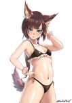  animal_ear_fluff animal_ears arm_up bangs bikini black_bikini blue_eyes bracelet breasts brown_hair closed_mouth cowboy_shot eyebrows_visible_through_hair frilled_bikini frills fur_trim hair_tie hand_in_hair hand_on_hip highres jewelry long_hair looking_at_viewer low_twintails md5_mismatch navel original rabidhowl red_ribbon ribbon simple_background small_breasts solo standing swimsuit tail twintails twitter_username white_background 