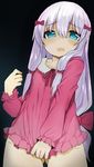  arm_up ass_visible_through_thighs bangs blue_eyes blush bow commentary_request covering covering_crotch eromanga_sensei eyebrows_visible_through_hair flat_chest hair_between_eyes hair_bow hair_ribbon highres izumi_sagiri izuoku long_hair long_sleeves looking_at_viewer low-tied_long_hair neck_ribbon nose_blush open_mouth pajamas pink_bow pink_pajamas red_bow red_ribbon ribbon silver_hair solo tress_ribbon twintails 