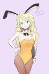  &gt;:( alternate_costume animal_ears arm_at_side bangs bare_arms bare_shoulders blonde_hair blue_eyes breasts brown_legwear bunny_ears bunny_girl bunny_tail bunnysuit cleavage cowboy_shot detached_collar diana_cavendish fake_animal_ears fake_tail frown fume hand_on_hip head_tilt holding holding_tray leotard little_witch_academia long_hair looking_at_viewer medium_breasts orinpachu pantyhose pink_background simple_background sketch solo strapless strapless_leotard swept_bangs tail thigh_gap tray v-shaped_eyebrows wavy_hair wristband yellow_leotard 