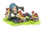  baby_panther biting blue_eyes blue_hair boots camus_(dq11) dated dragon_quest dragon_quest_xi fingerless_gloves gloves grass jewelry kinako_(462) looking_down male_focus necklace short_hair simple_background spiked_hair white_background 