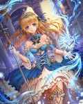  artist_name bangs blonde_hair blue_dress blue_eyes blue_ribbon braid breasts cloud column cross-laced_clothes detached_collar detached_sleeves dress dutch_angle floating_hair frilled_dress frills full_moon garter_straps gloves gold_trim gown hair_ornament hair_ribbon holding holding_staff light_particles long_hair looking_at_viewer magic medium_breasts moon night night_sky original outstretched_hand pillar ribbon sky smile solo staff standing strapless strapless_dress tanzzi thighhighs tiara watermark web_address white_gloves white_legwear 