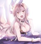  1girl all_fours black_choker blush bottomless bra breasts brown_eyes brown_hair choker doggystyle granblue_fantasy hetero large_breasts long_hair looking_at_viewer myusha on_bed open_mouth sex solo_focus song_(granblue_fantasy) underwear 