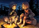  blue_hair bob_cut boots brown_hair campfire camus_(dq11) dated dragon_quest dragon_quest_xi earrings eating food forest grass hero_(dq11) jewelry kinako_(462) log looking_at_another male_focus multiple_boys nature night rock short_hair sitting smile soup 