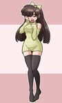  black_legwear blush bow brown_hair crying dress green_bow hair_bow hand_on_own_chest hand_on_own_face happy_tears kuonji_ukyou long_hair no_shoes open_mouth ranma_1/2 shoulder_cutout simple_background smile solo sweater sweater_dress tears thighhighs wanta_(futoshi) zettai_ryouiki 