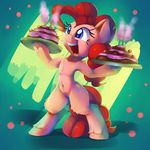  2017 abstract_background cake cutie_mark earth_pony equine female feral food friendship_is_magic hair hi_res horse mammal my_little_pony open_mouth pinkie_pie_(mlp) pony smile solo thediscorded 